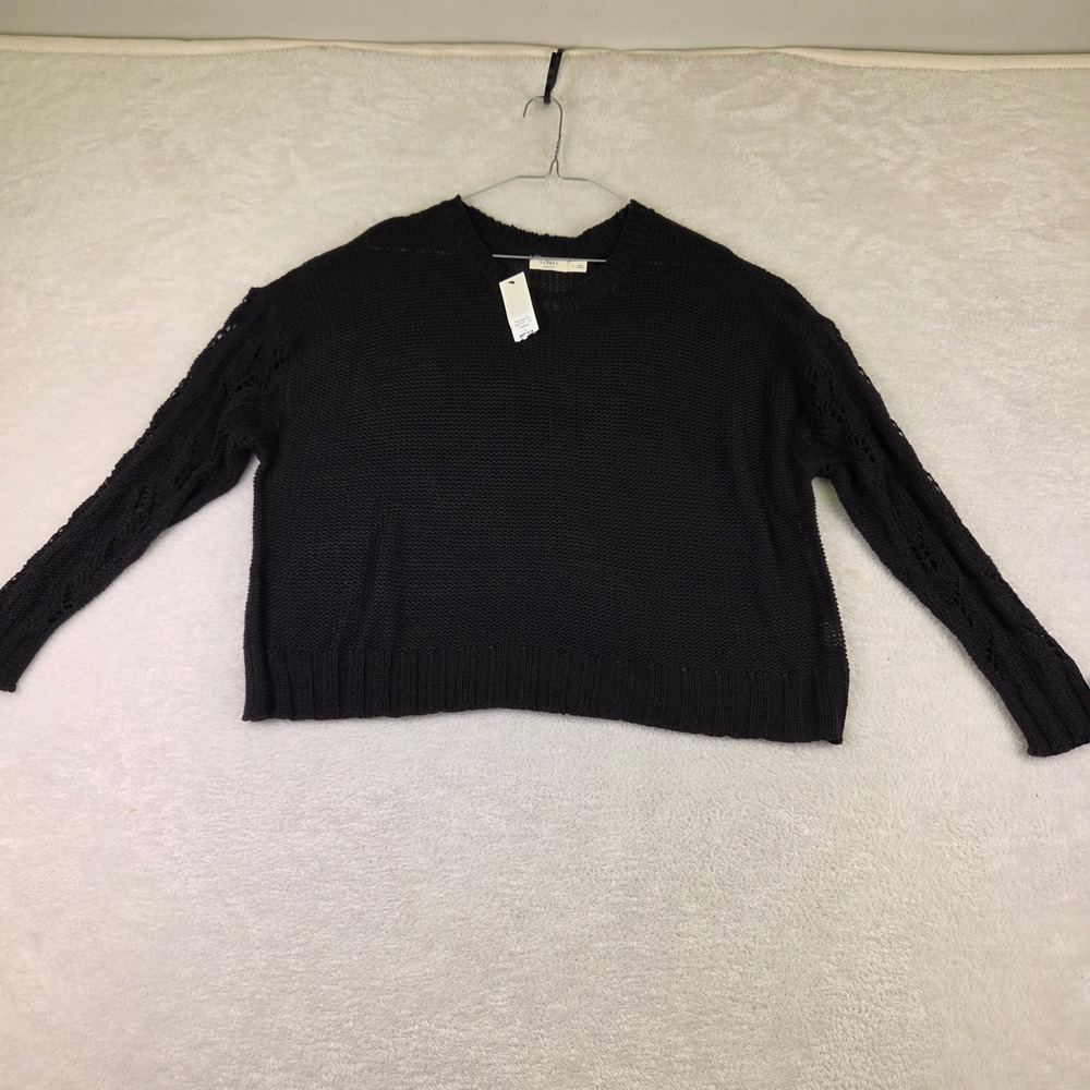 Francesca's Black Open Knit Pointelle Sleeve Crewneck Sweater 73S1270F-BLACK L